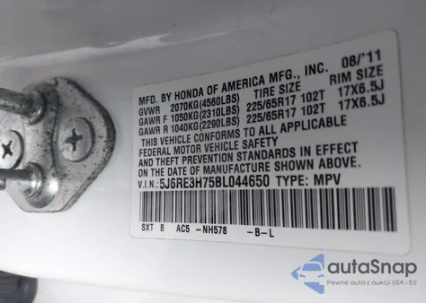 2011 Honda Cr-V Ex-L from USA, damaged, VIN 5J6RE3H75BL044650